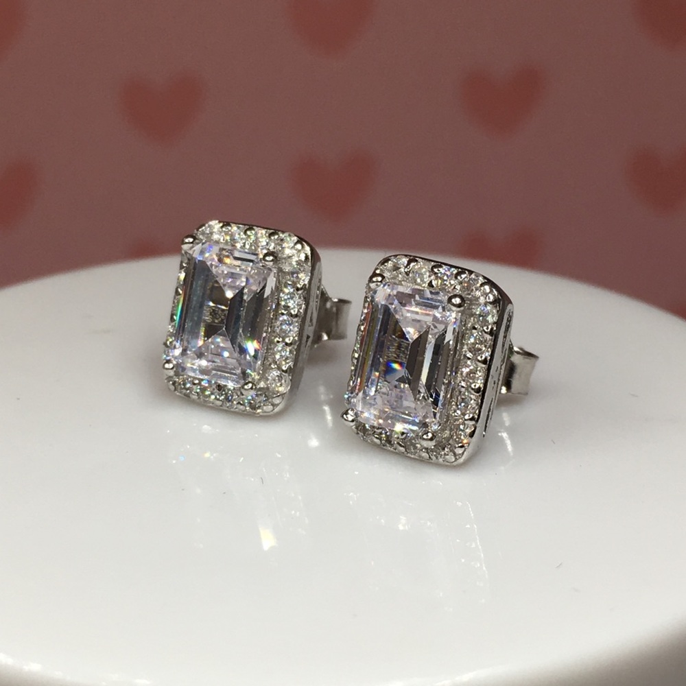 14k white gold emerald diamond 3 ct halo earrings - Picture 7 of 8